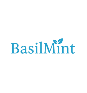 The logo of BasilMint. BasilMint is written in blue colour and dot in i in "Mint" has leaves showcasing the mint used in the product